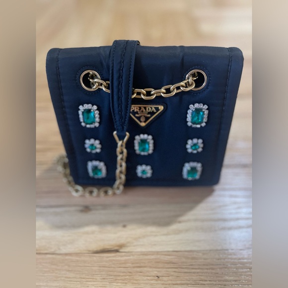 Prada Tessuto Nylon Black Flap Handbag w Emerald and Clear Crystals - Picture 11 of 12